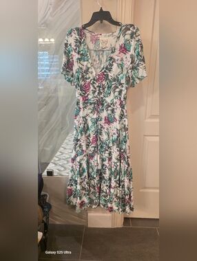 Floral V-Neck Tiered Midi Dress in White with Teal & Purple MEDIUM